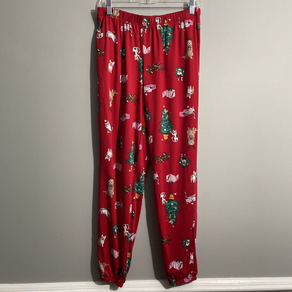 Joyspun Womens M Red Christmas Dog Cat Print Pajama Pants Cozy Holiday Sleepwear